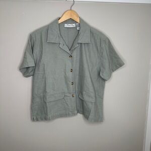 Private‎ Party Women's Linen Blend Short Sleeve Button Down Sage Green Shirt M
